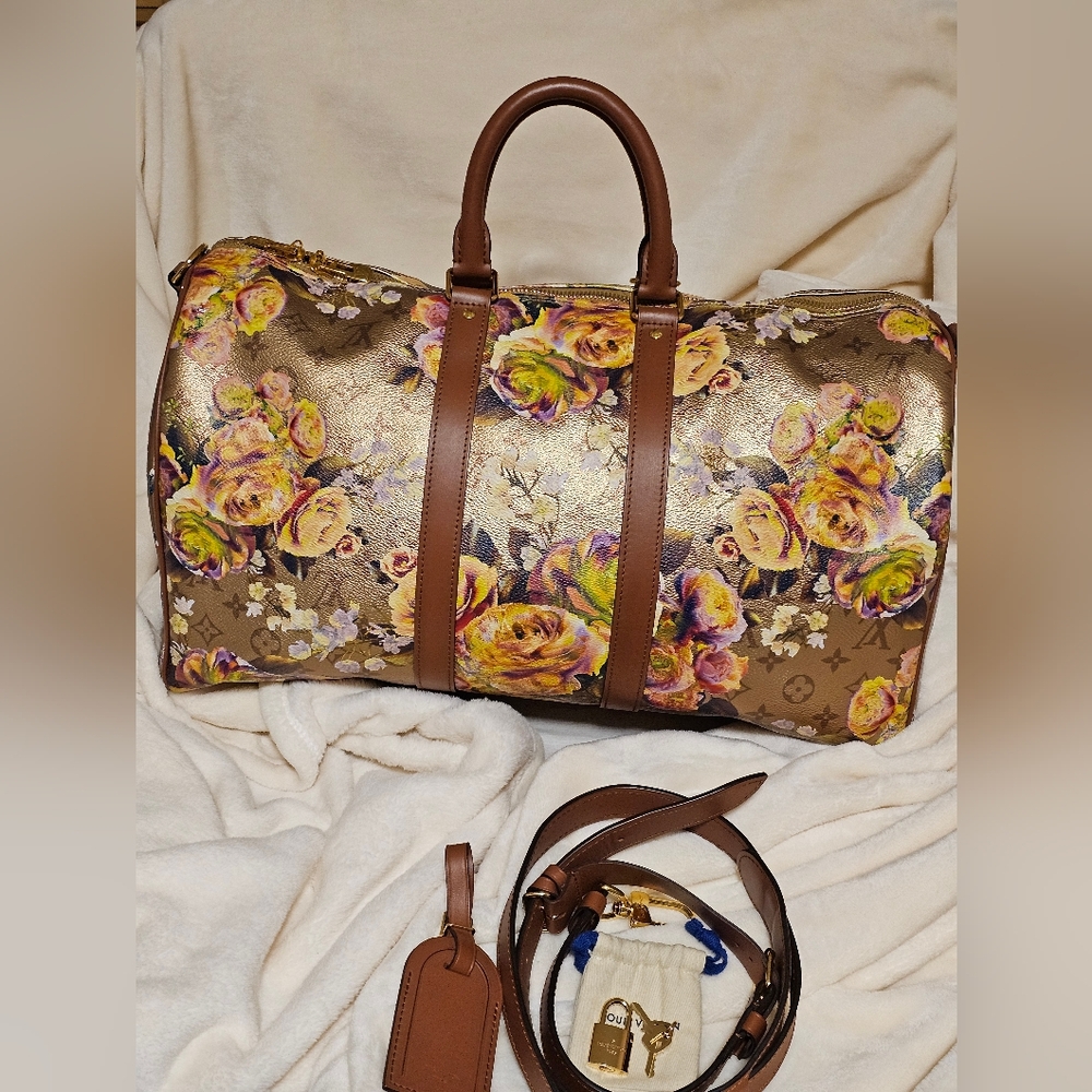 Louis Vuitton Garden Keepall Bandouliere 45 Monogram Flower Travel Bag Excellent